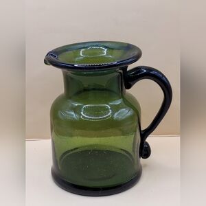 Vintage Hand Blown Green Glass Pitcher Jug Applied Handle Bubble Glass
